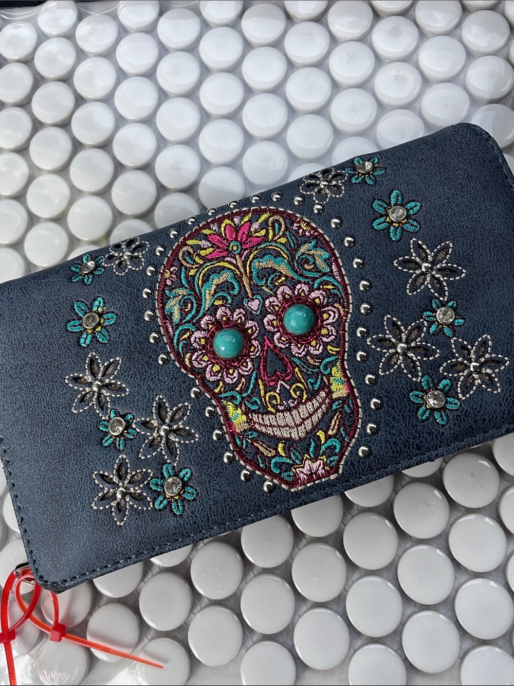 Montana West Navy Embroidered Sugar Skull Wallet with Teal Accents